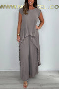 🔥Laney Pleated Short Sleeve Irregular Midi Top and Elastic Waist Wide Leg Pants Set✨