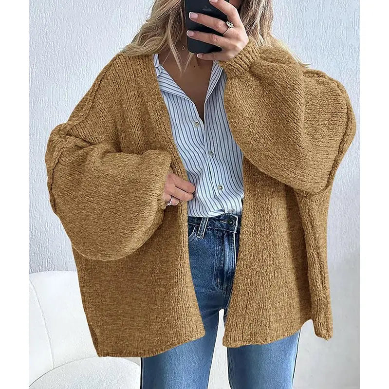 Women's Oversized Cardigan Sweater Fall Long Lantern Sleeve Knit Open Front Lightweight Sweater Knitwear Tops(Free shiping)