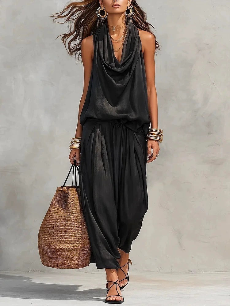 🎁New Arrivals 50% OFF💥 Sleeveless Cowl Neck Jumpsuit – Halter, Wide-Leg, Elegant 🍷