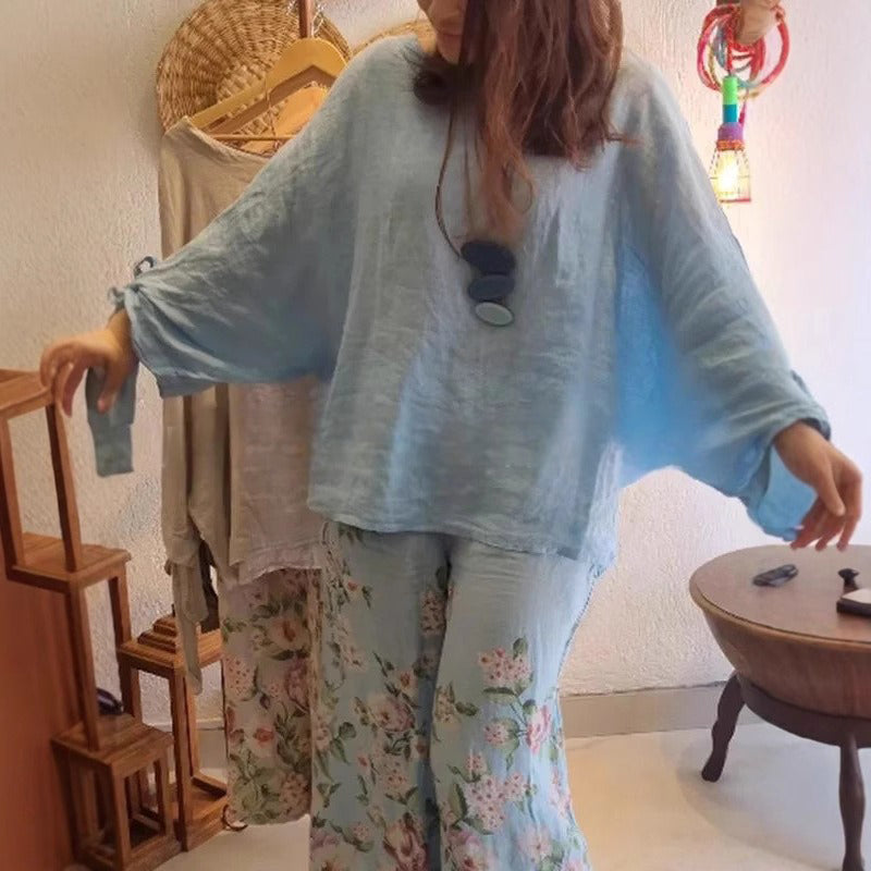 💐Women's Loose Fit Blouse & Floral Printed Wide-Leg Pants Set