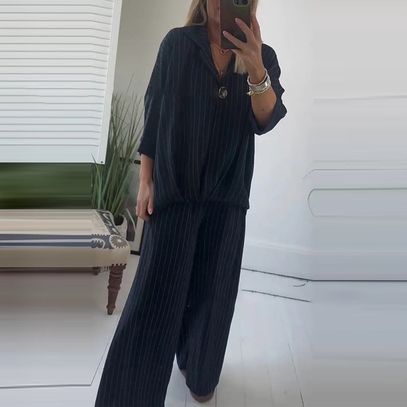 🌙 Women's Striped Top & Wide-Leg Pants 2-Piece Set👚