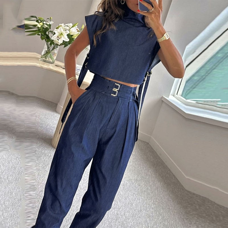 🖤Women's Trendy Fashion High-Neck Short Top & High-Waist 3/4 Length Pants Outfits♛