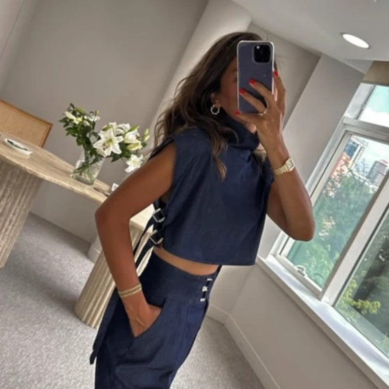 🖤Women's Trendy Fashion High-Neck Short Top & High-Waist 3/4 Length Pants Outfits♛