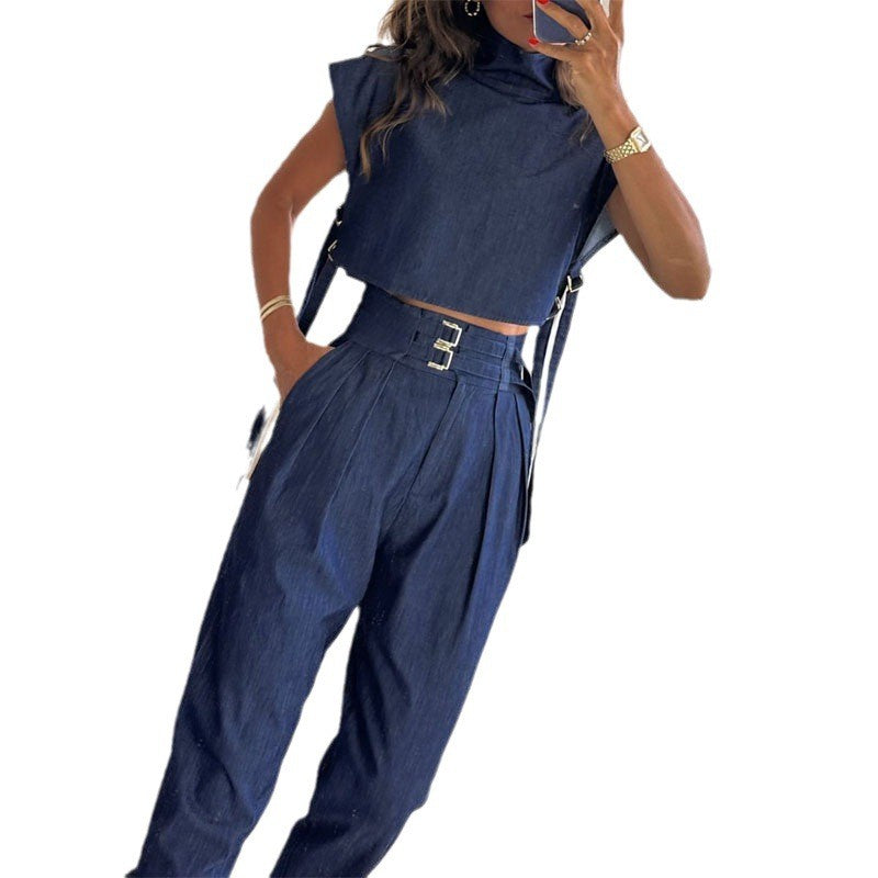 🖤Women's Trendy Fashion High-Neck Short Top & High-Waist 3/4 Length Pants Outfits♛