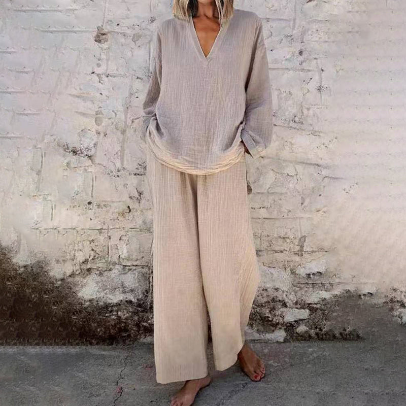 📢📢Limited Spring Edition⏰💡Designed in the USA💡Casual Solid Color V-Neck Long Sleeve Top & Wide-Leg Pants Set