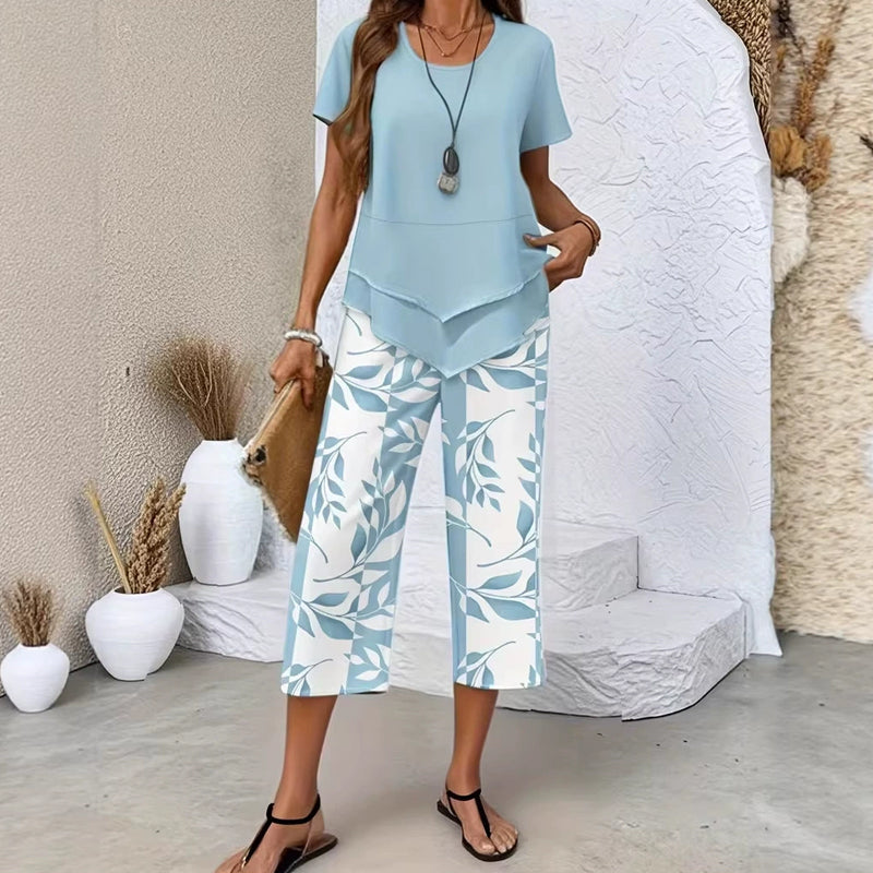 🎁2026 New Arrivals 50% OFF💥Women's 2-Piece Set – Layered Asymmetrical Tunic Top & Printed Wide Leg Pants, Breathable Polyester✨