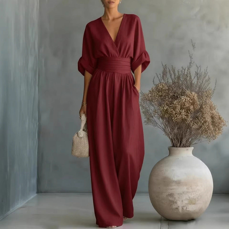 ⌛50% Off💟Women's V-Neck High Waist Wide Leg Jumpsuit