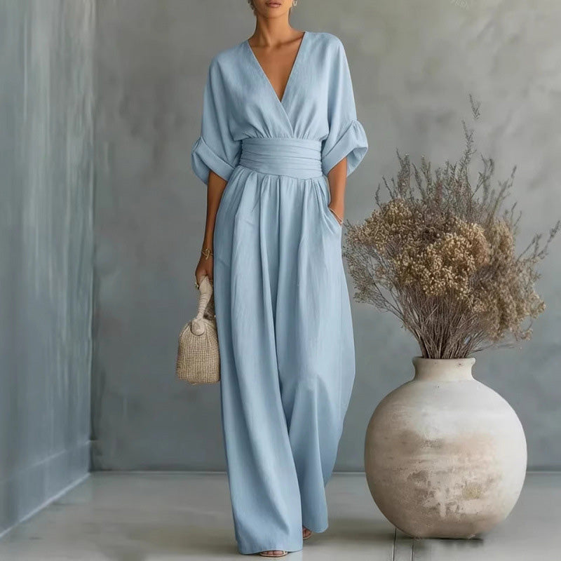 ⌛50% Off💟Women's V-Neck High Waist Wide Leg Jumpsuit