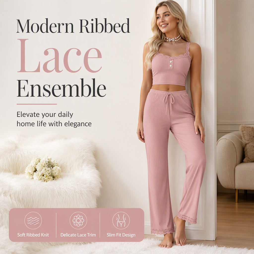 Trending Now⭐🌸 Lace-Trim Camisole & Straight-Leg Pajama Set – Ribbed Texture & Relaxed Fit for Cozy Lounging