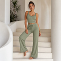 Trending Now⭐🌸 Lace-Trim Camisole & Straight-Leg Pajama Set – Ribbed Texture & Relaxed Fit for Cozy Lounging