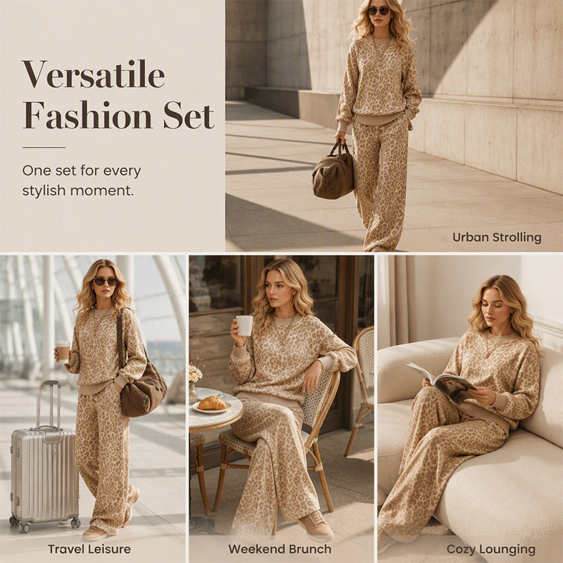 Women's Leopard Print Sweatshirt & Wide-Leg Pants Set